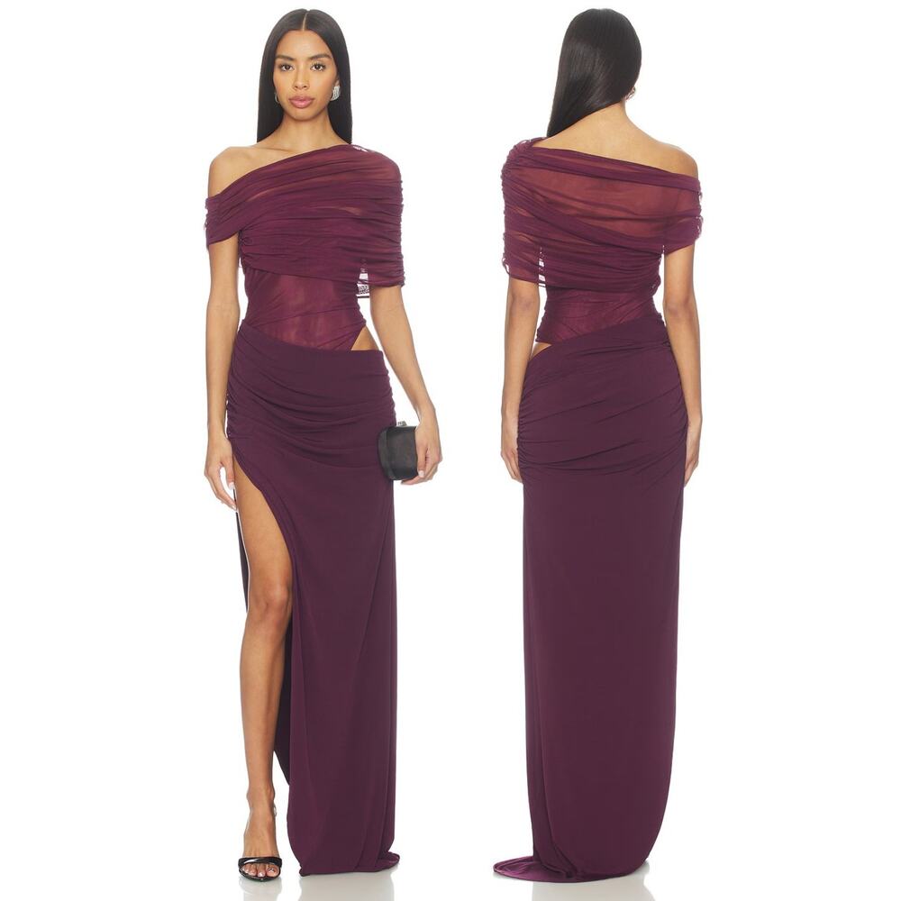 NBD Romi Maxi Dress Off The Shoulder Mesh Ruched Draped Party Formal Prom M